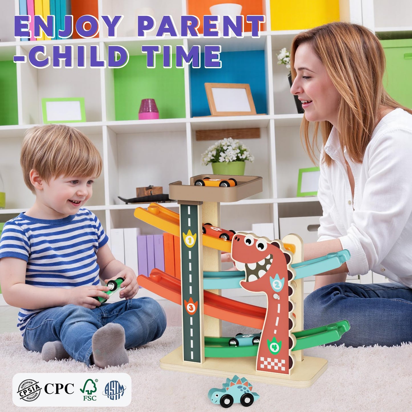 Paisure Montessori Car Ramp Toy for Toddlers 1-3 | Wooden Race Track & Cars