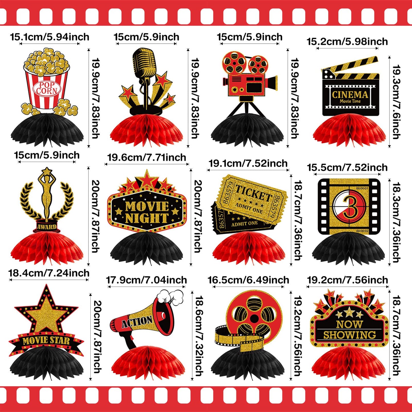 Pajean 12-Piece Movie Night Centerpieces – Red Honeycomb Table Decor