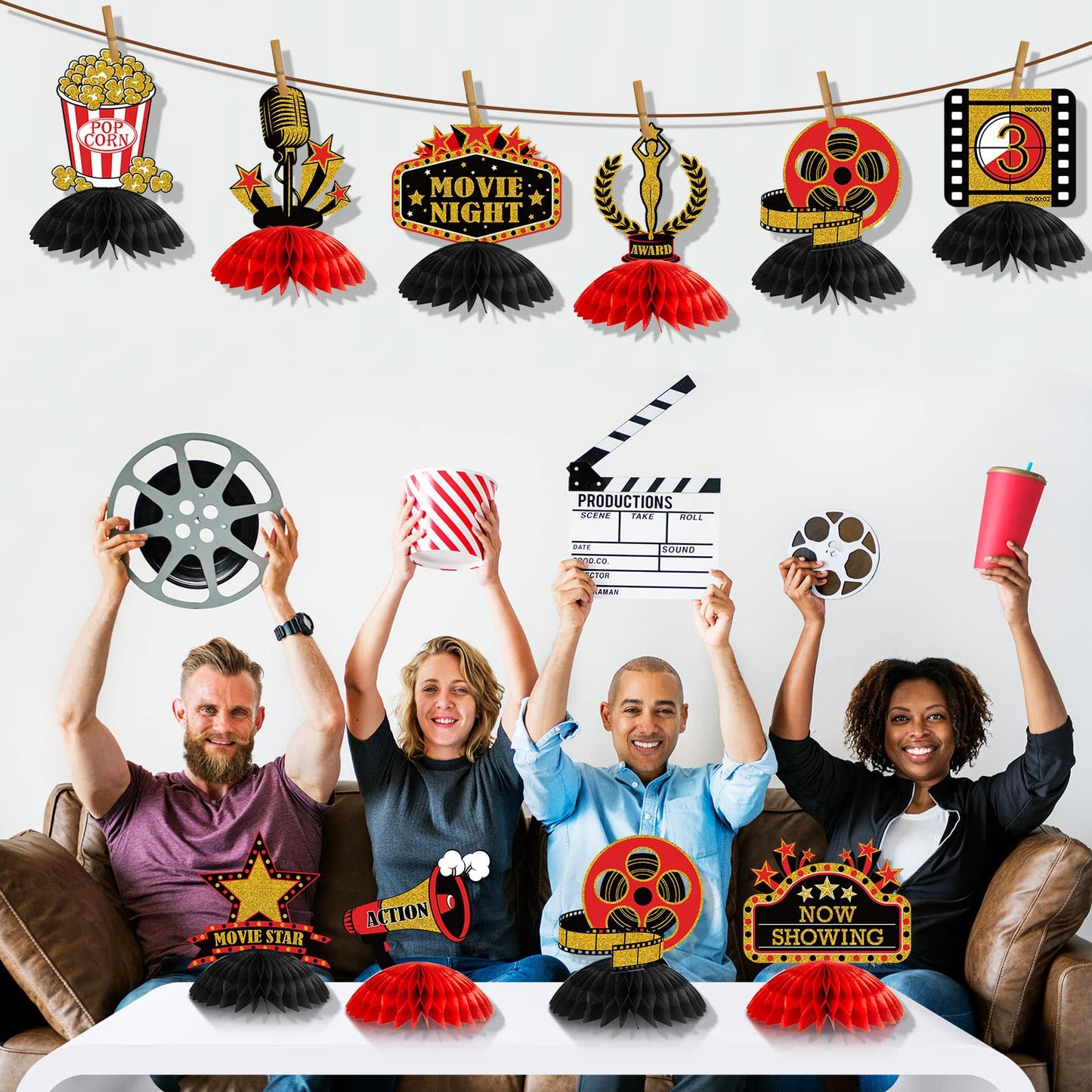 Pajean 12-Piece Movie Night Centerpieces – Red Honeycomb Table Decor