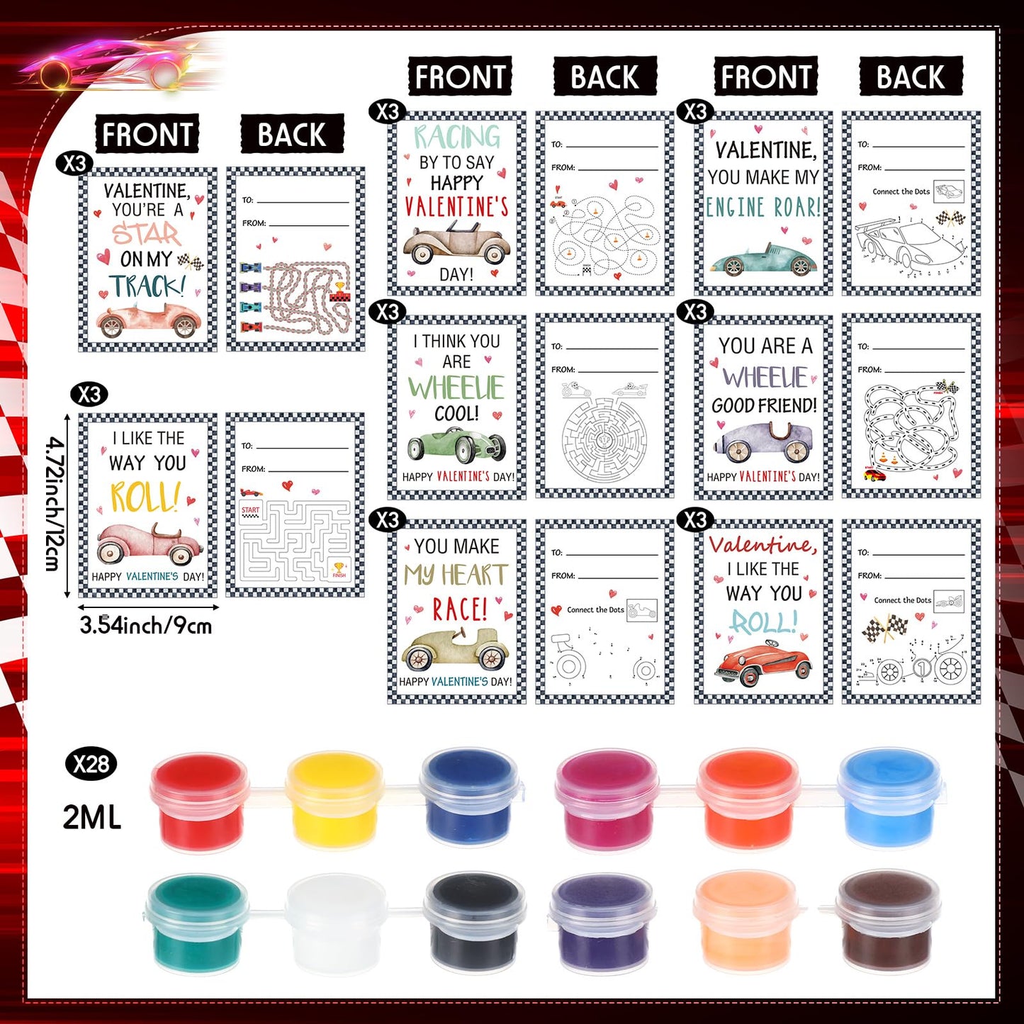Pajean 24-Pack Valentines Painting DIY Kits – Race Car Cards & Maze Cards