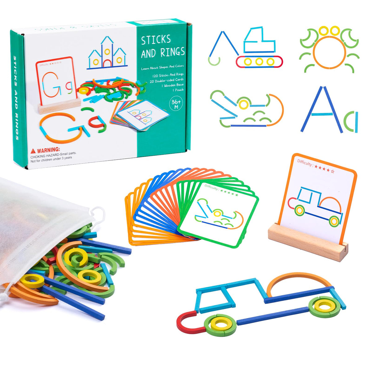 Pajojoqa 142pcs Wooden Pattern Blocks – Montessori Tangram STEM Toy for 3–5 Year Olds