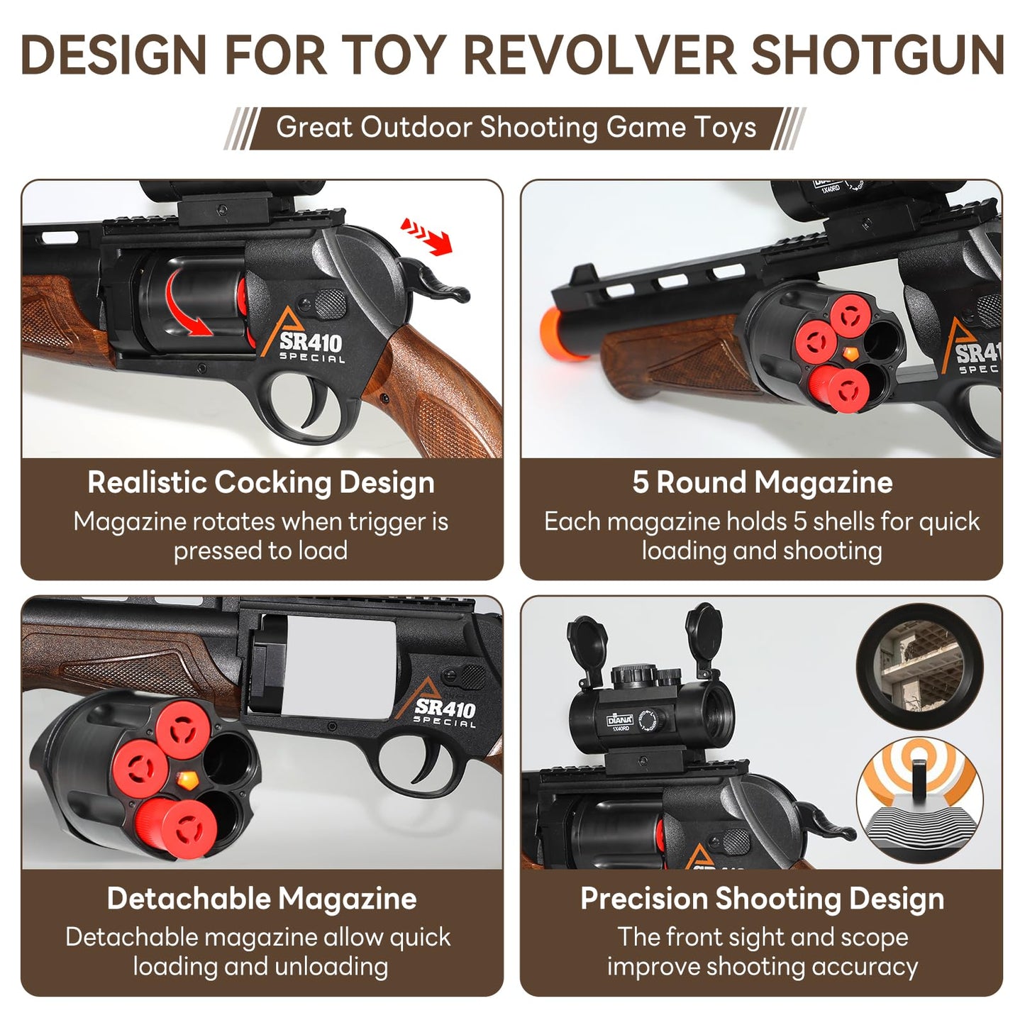 Pakimio Large Revolver Toy Gun with Scope, 50 Soft Bullets & 14 Shells – Educational Outdoor Shooting Toy