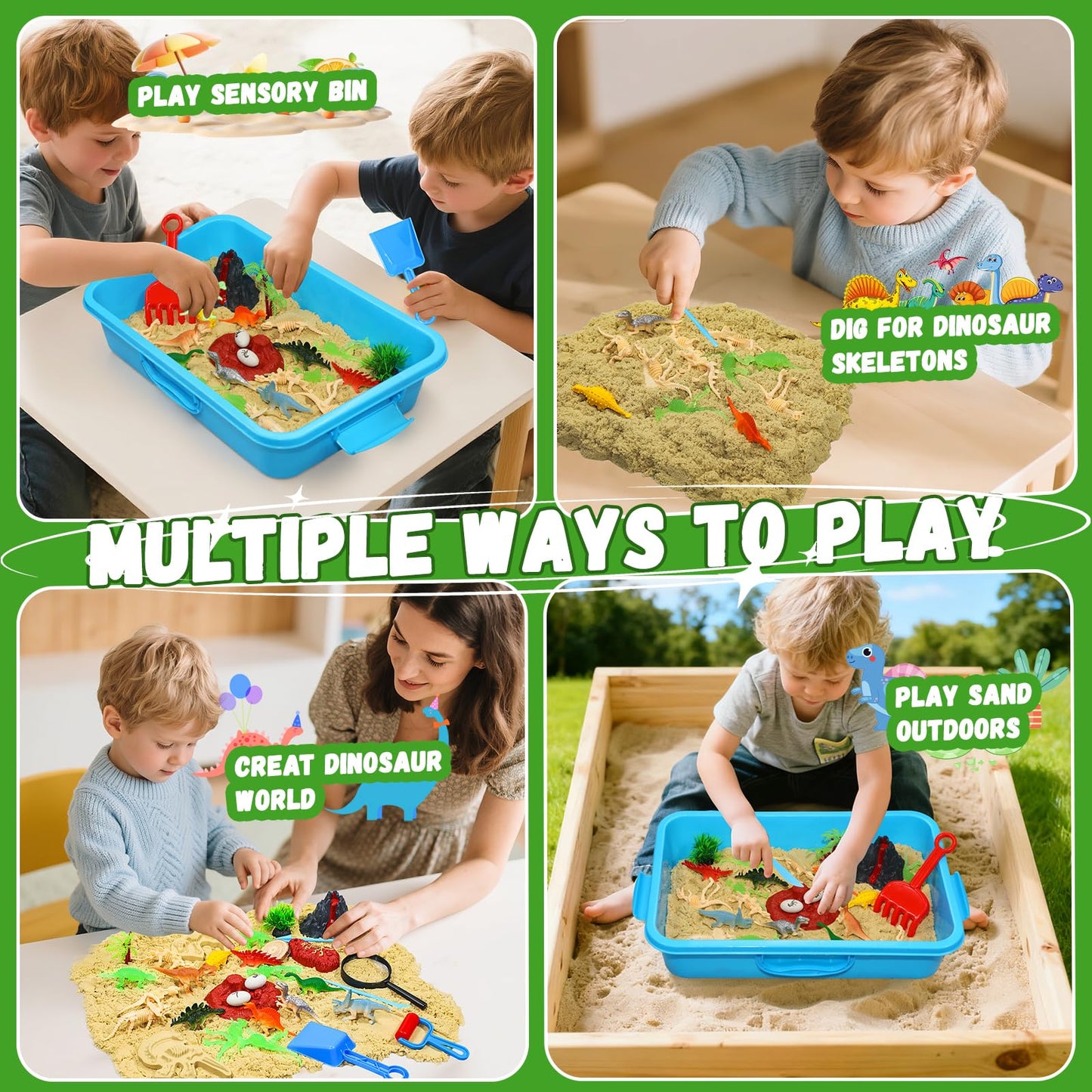 Pakimio Dinosaur Sensory Bin with Lid – 2.64lbs Magic Sand, Dino Figures & Archaeology Tools
