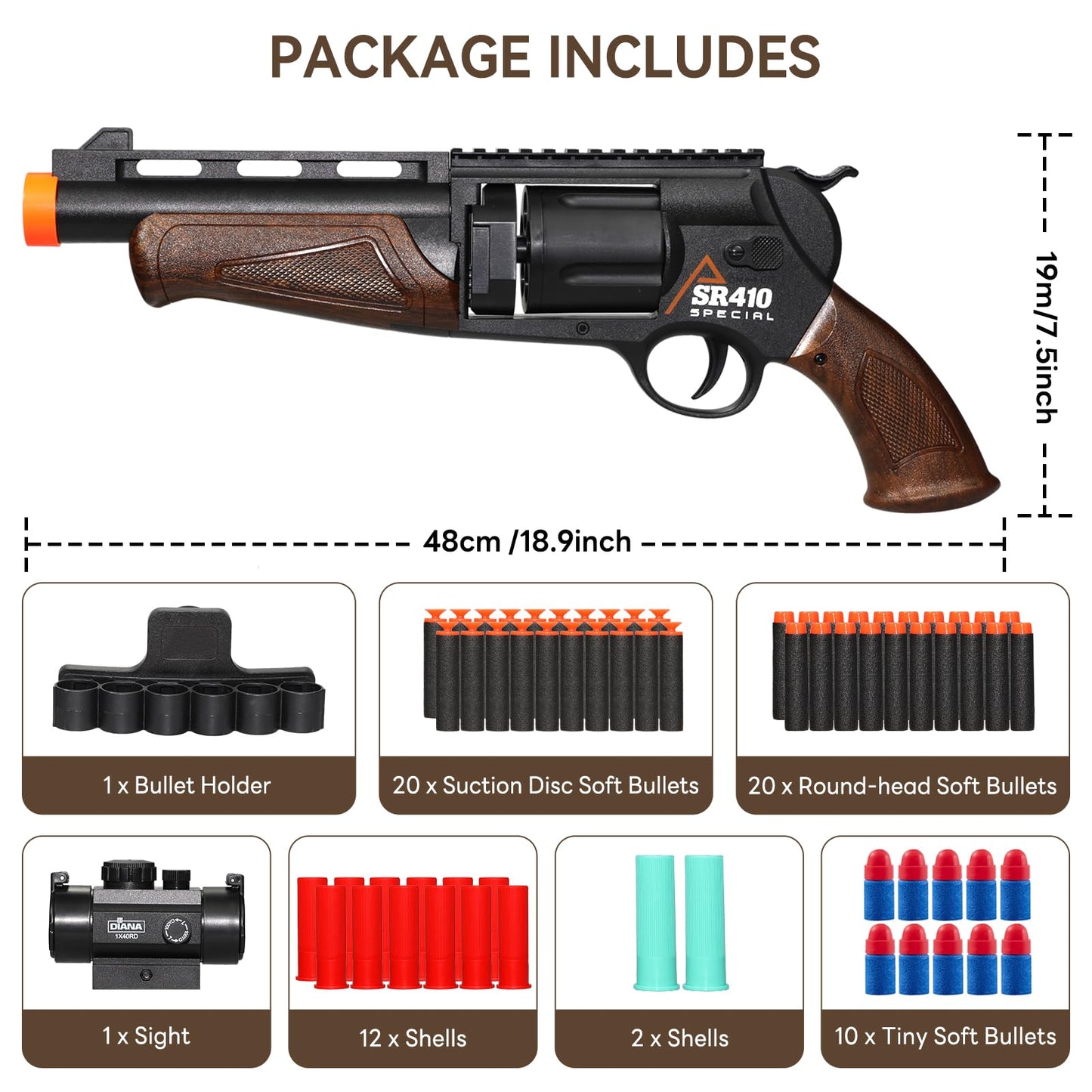 Pakimio Large Revolver Toy Gun with Scope, 50 Soft Bullets & 14 Shells – Educational Outdoor Shooting Toy