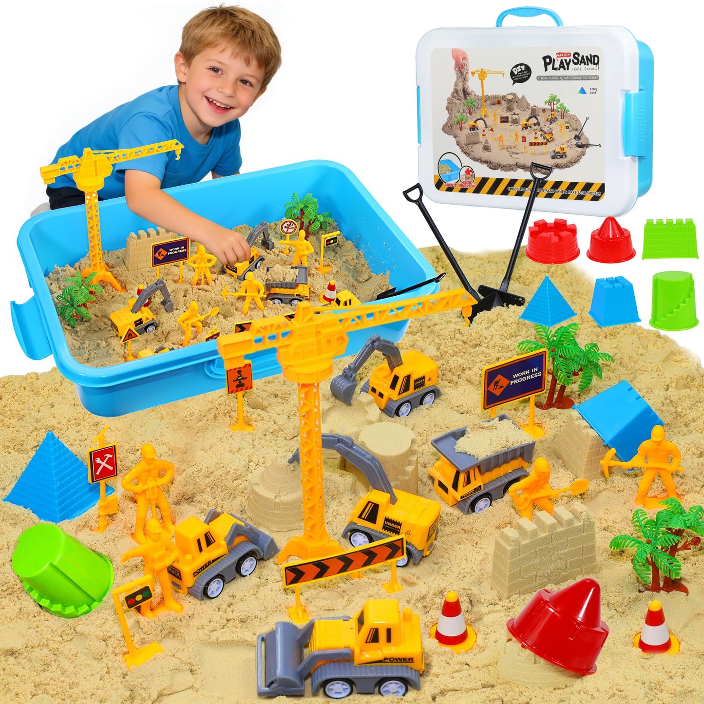Pakimio Construction Sensory Bin with Lid – 2.64 lbs Magic Sand, Trucks & Signs for 3–7+ Kids