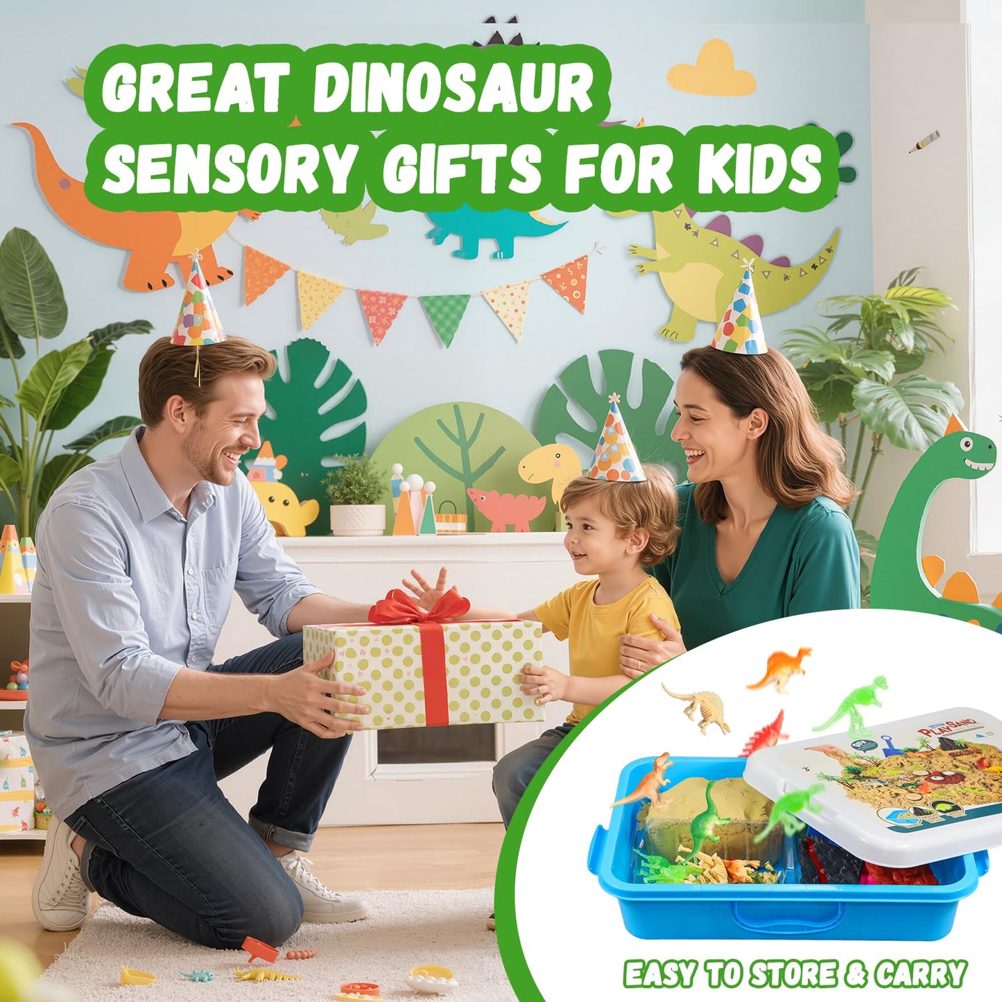 Pakimio Dinosaur Sensory Bin with Lid – 2.64lbs Magic Sand, Dino Figures & Archaeology Tools