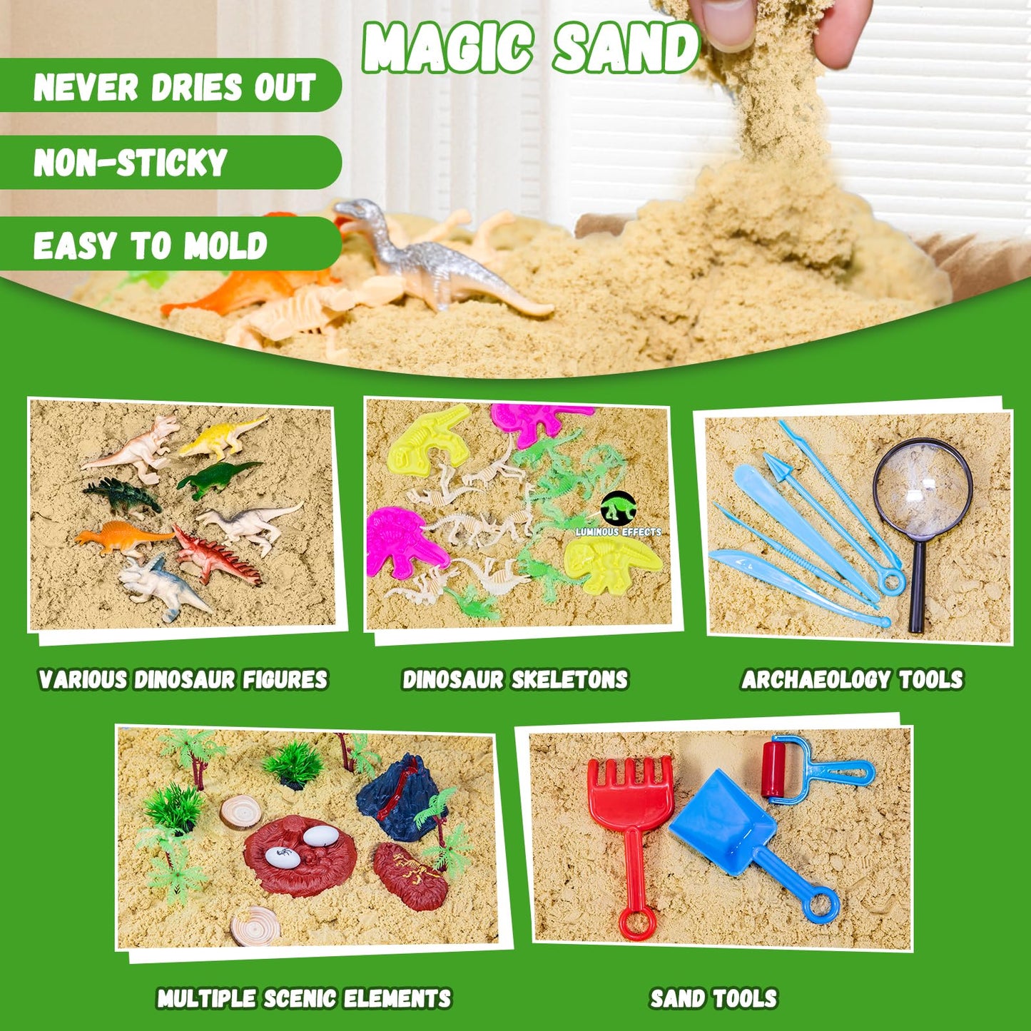 Pakimio Dinosaur Sensory Bin with Lid – 2.64lbs Magic Sand, Dino Figures & Archaeology Tools