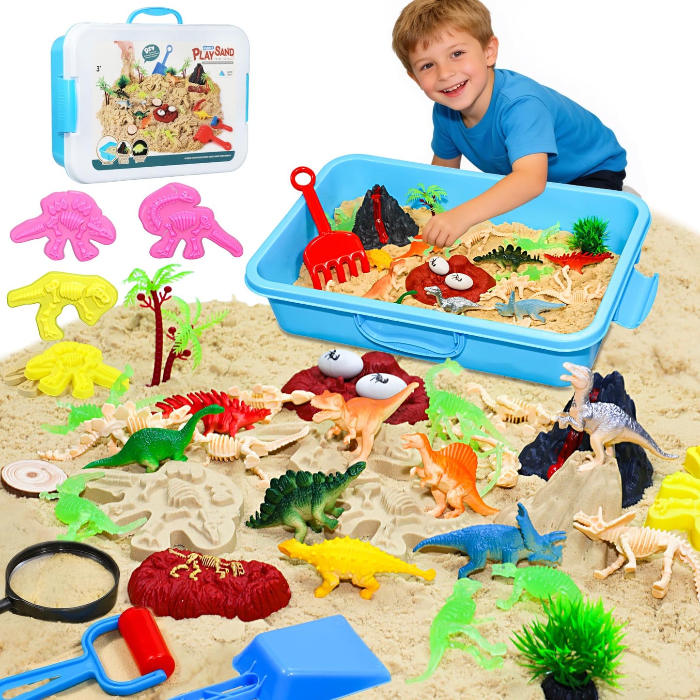 Pakimio Dinosaur Sensory Bin with Lid – 2.64lbs Magic Sand, Dino Figures & Archaeology Tools