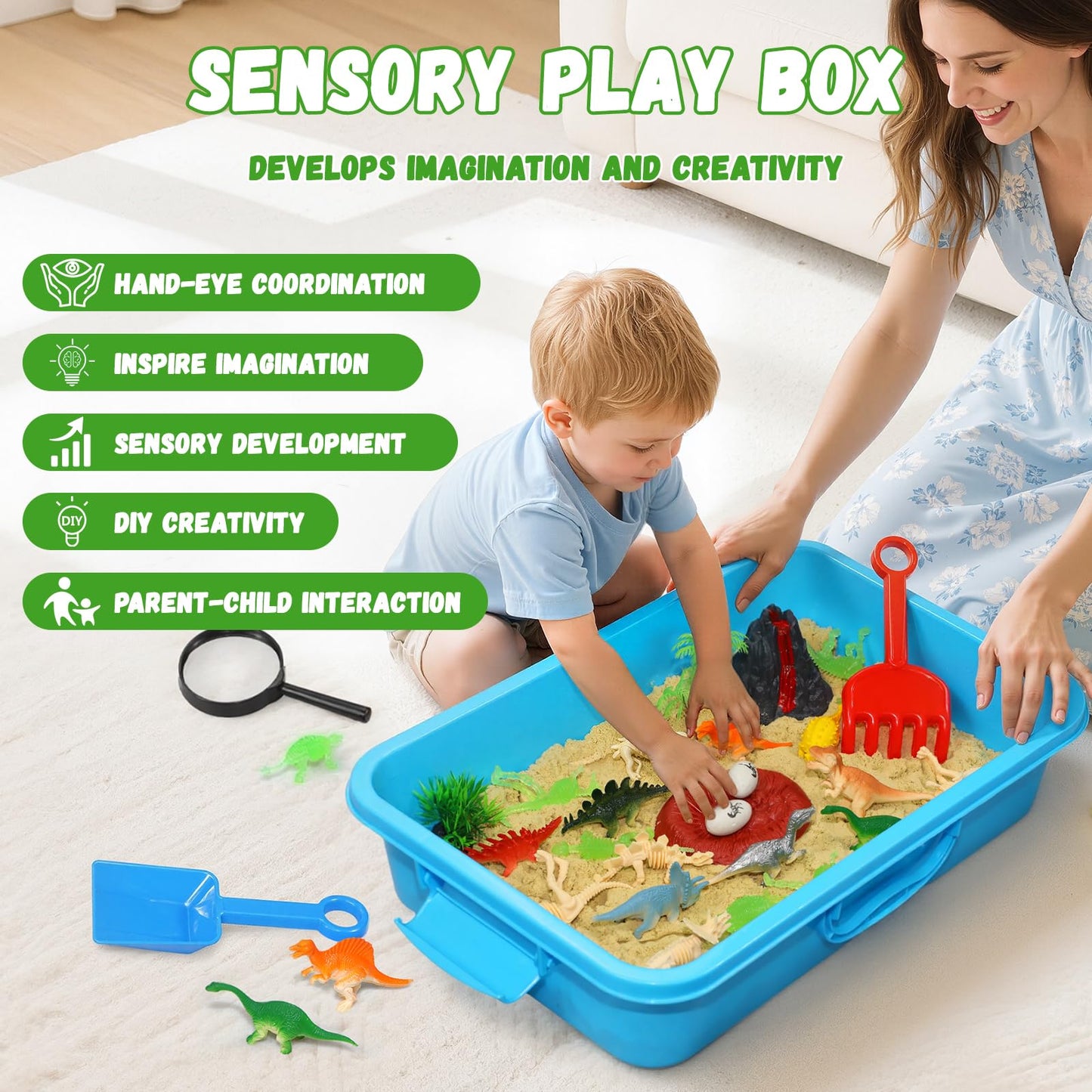 Pakimio Dinosaur Sensory Bin with Lid – 2.64lbs Magic Sand, Dino Figures & Archaeology Tools