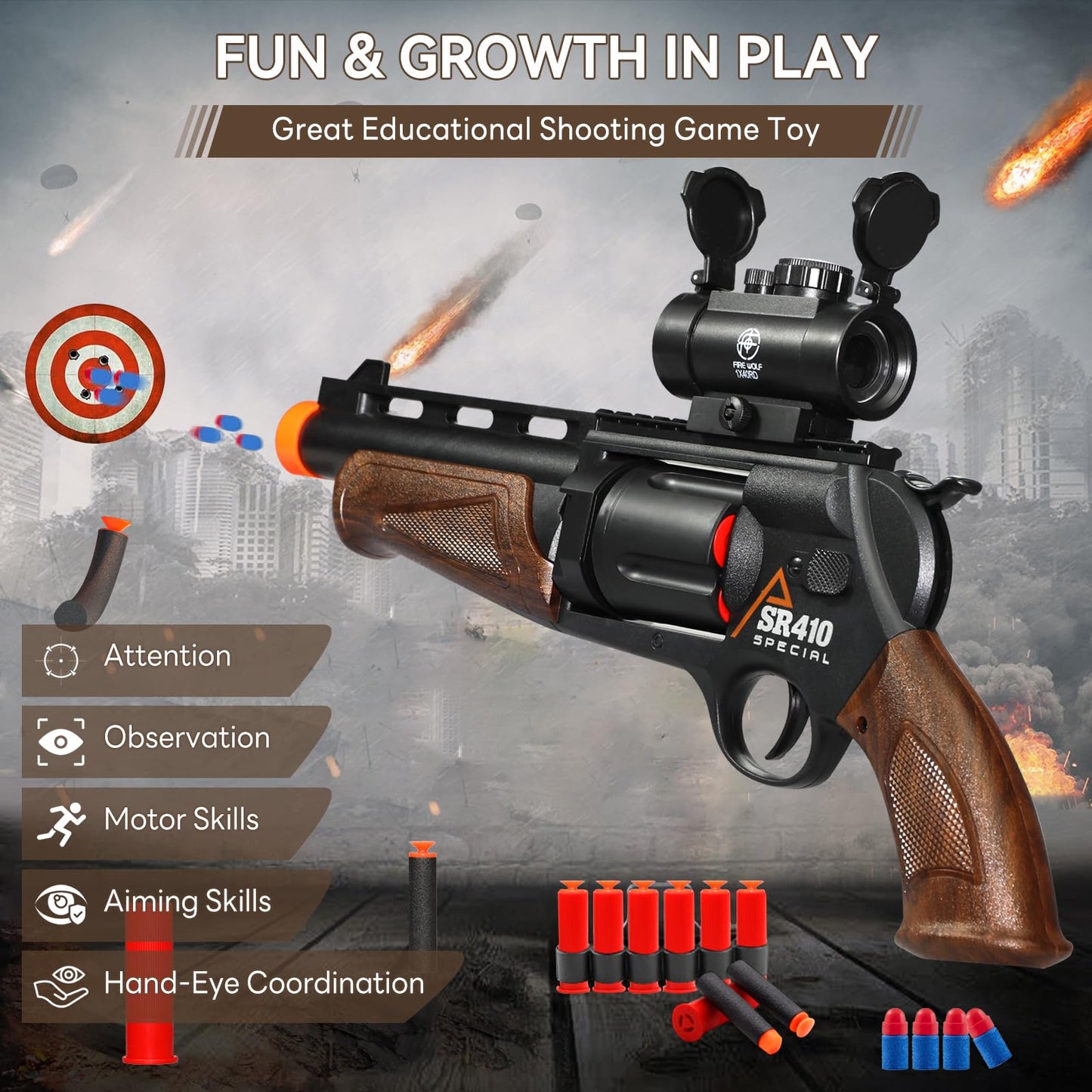 Pakimio Large Revolver Toy Gun with Scope, 50 Soft Bullets & 14 Shells – Educational Outdoor Shooting Toy