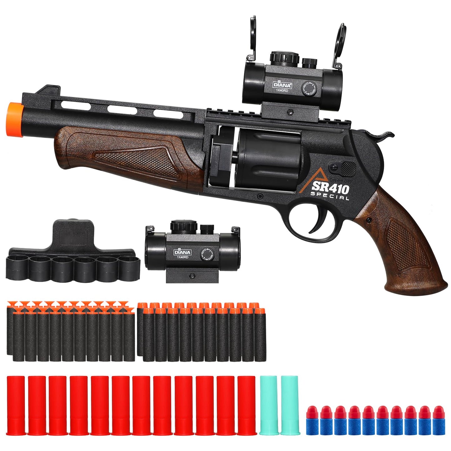 Pakimio Large Revolver Toy Gun with Scope, 50 Soft Bullets & 14 Shells – Educational Outdoor Shooting Toy