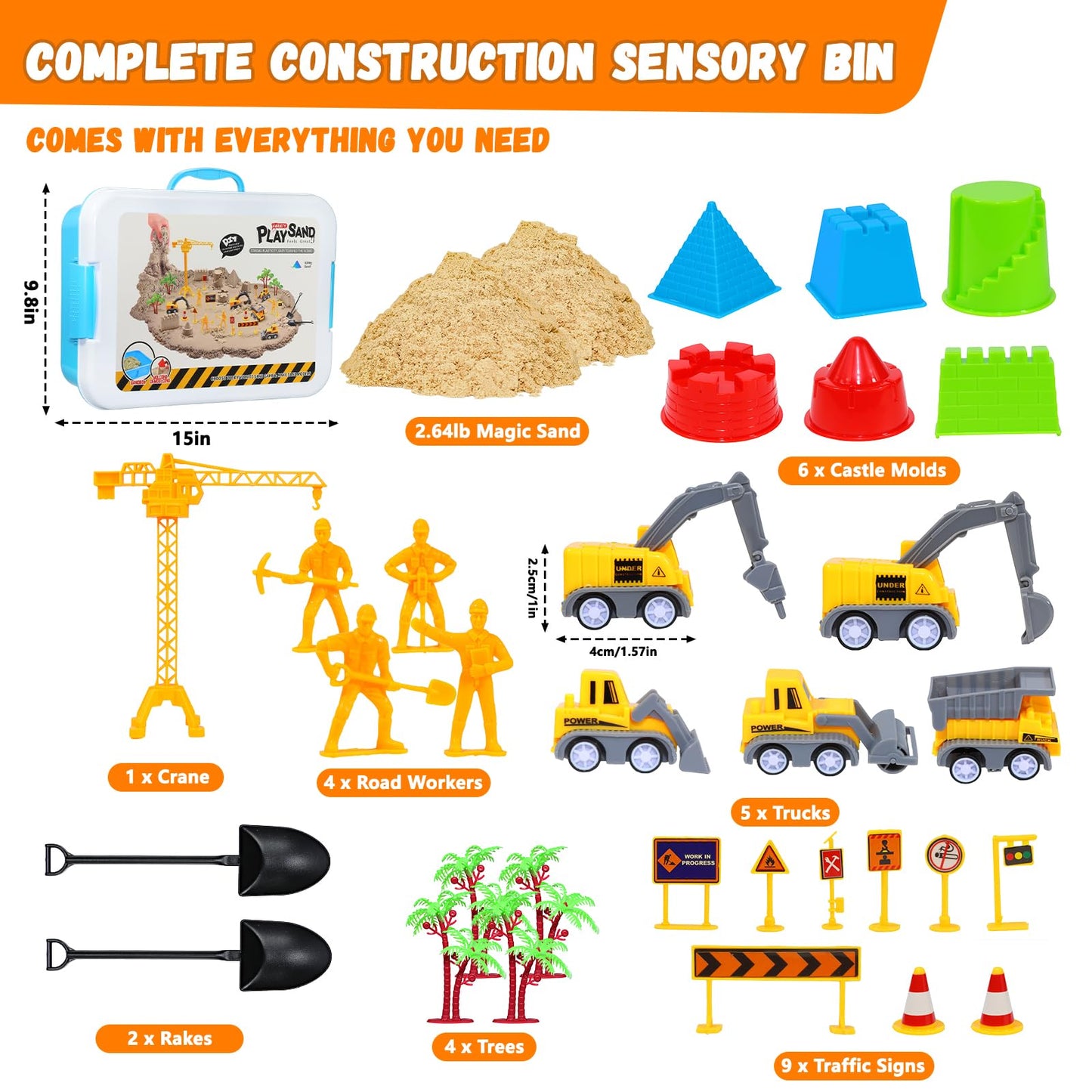 Pakimio Construction Sensory Bin with Lid – 2.64 lbs Magic Sand, Trucks & Signs for 3–7+ Kids