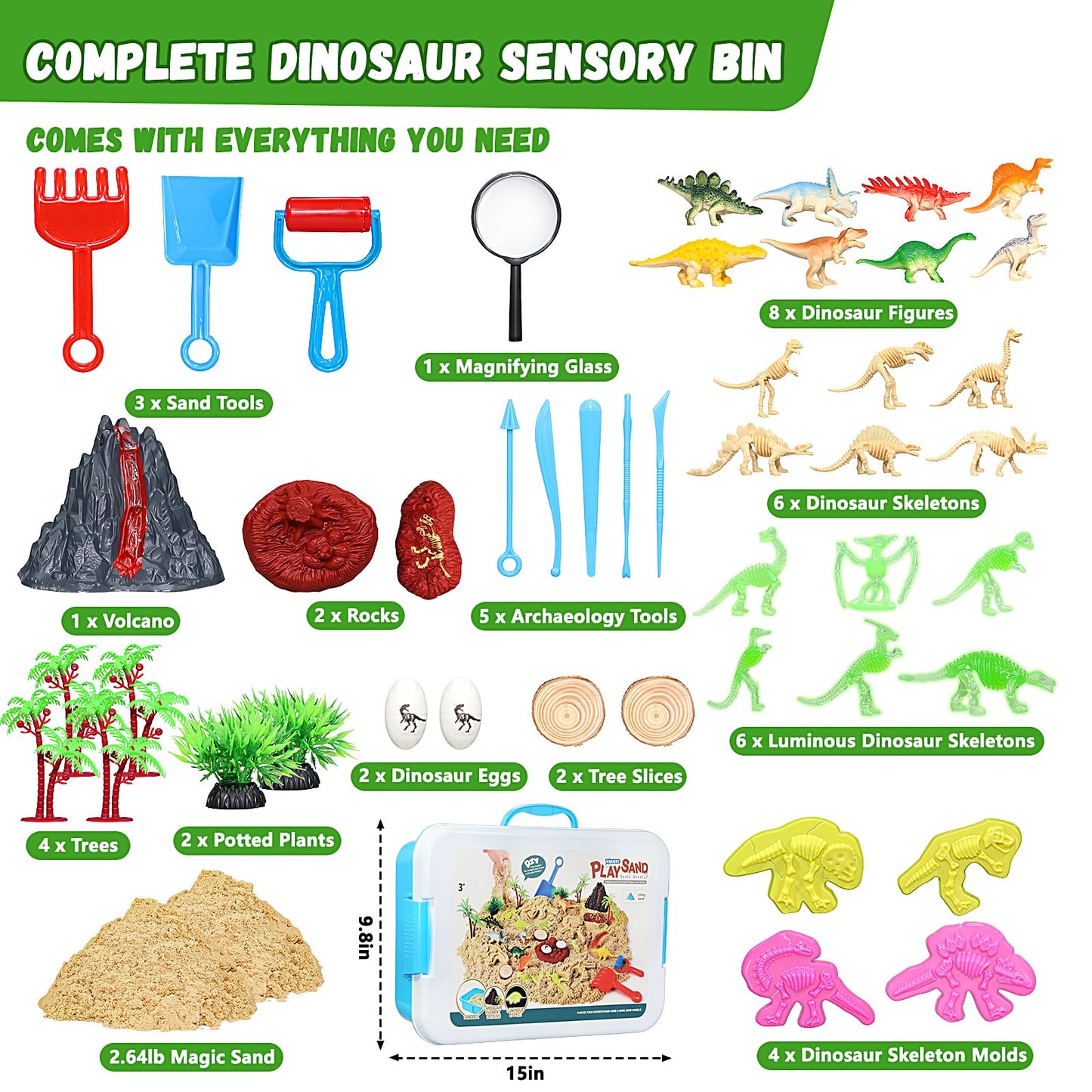 Pakimio Dinosaur Sensory Bin with Lid – 2.64lbs Magic Sand, Dino Figures & Archaeology Tools