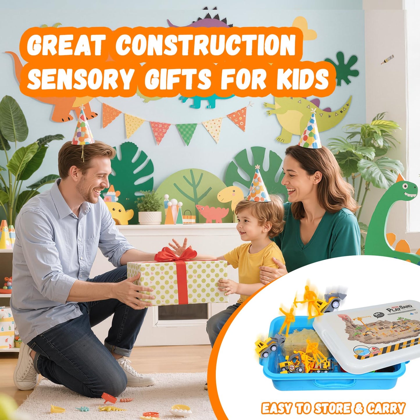 Pakimio Construction Sensory Bin with Lid – 2.64 lbs Magic Sand, Trucks & Signs for 3–7+ Kids