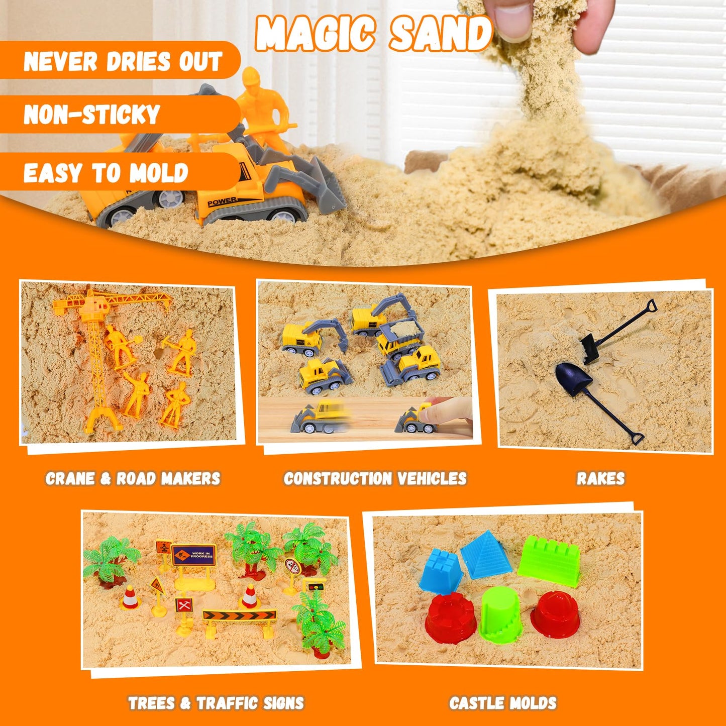 Pakimio Construction Sensory Bin with Lid – 2.64 lbs Magic Sand, Trucks & Signs for 3–7+ Kids