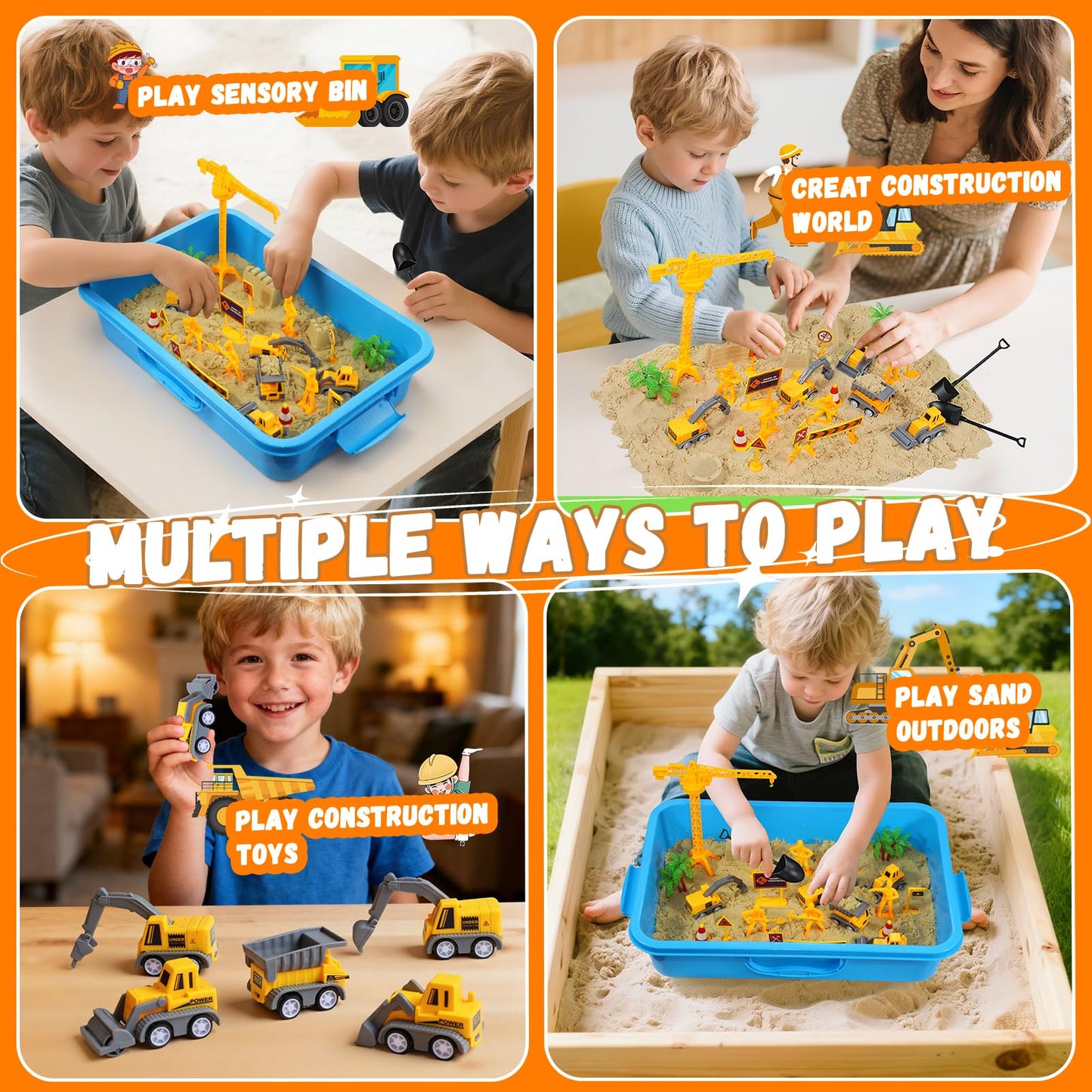 Pakimio Construction Sensory Bin with Lid – 2.64 lbs Magic Sand, Trucks & Signs for 3–7+ Kids
