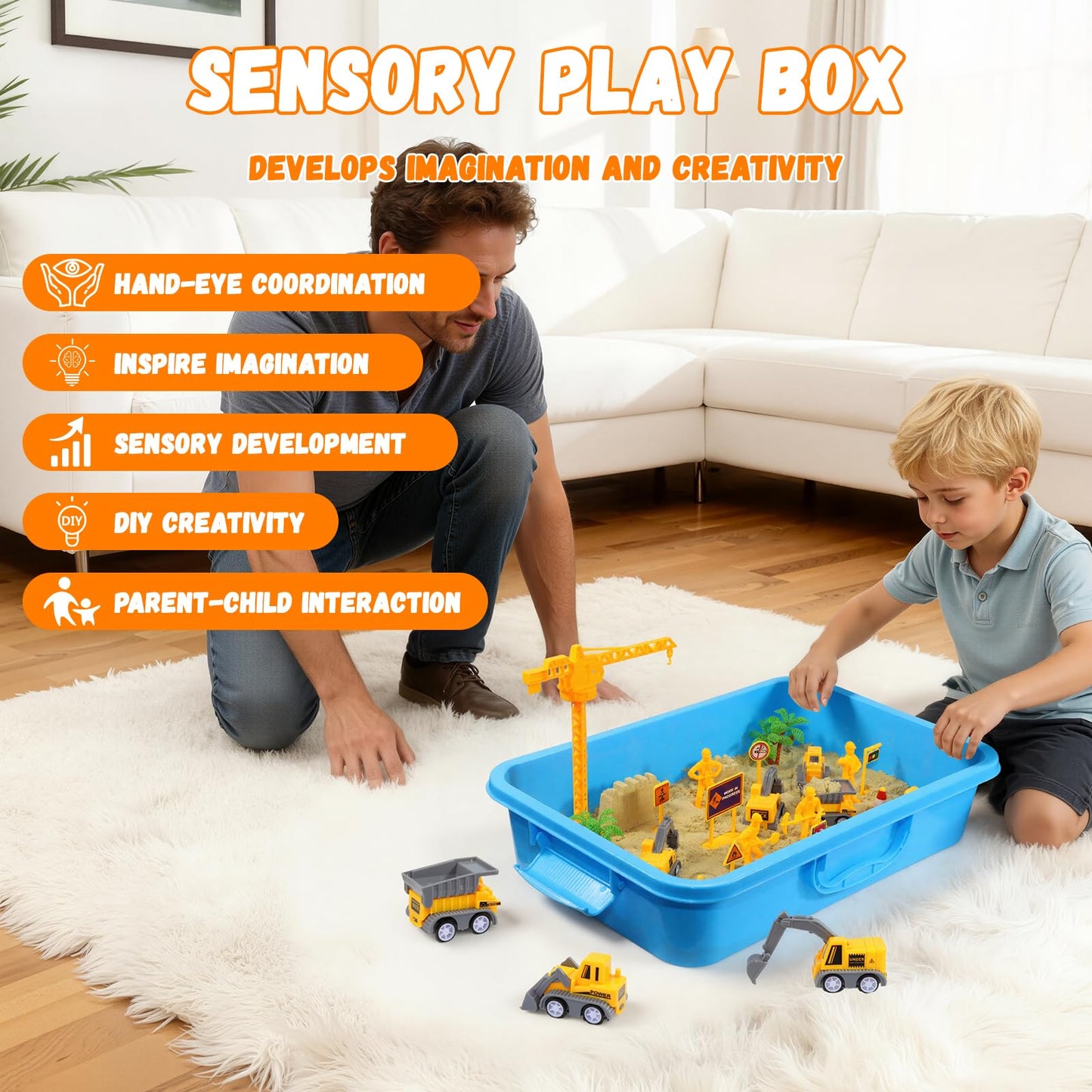Pakimio Construction Sensory Bin with Lid – 2.64 lbs Magic Sand, Trucks & Signs for 3–7+ Kids