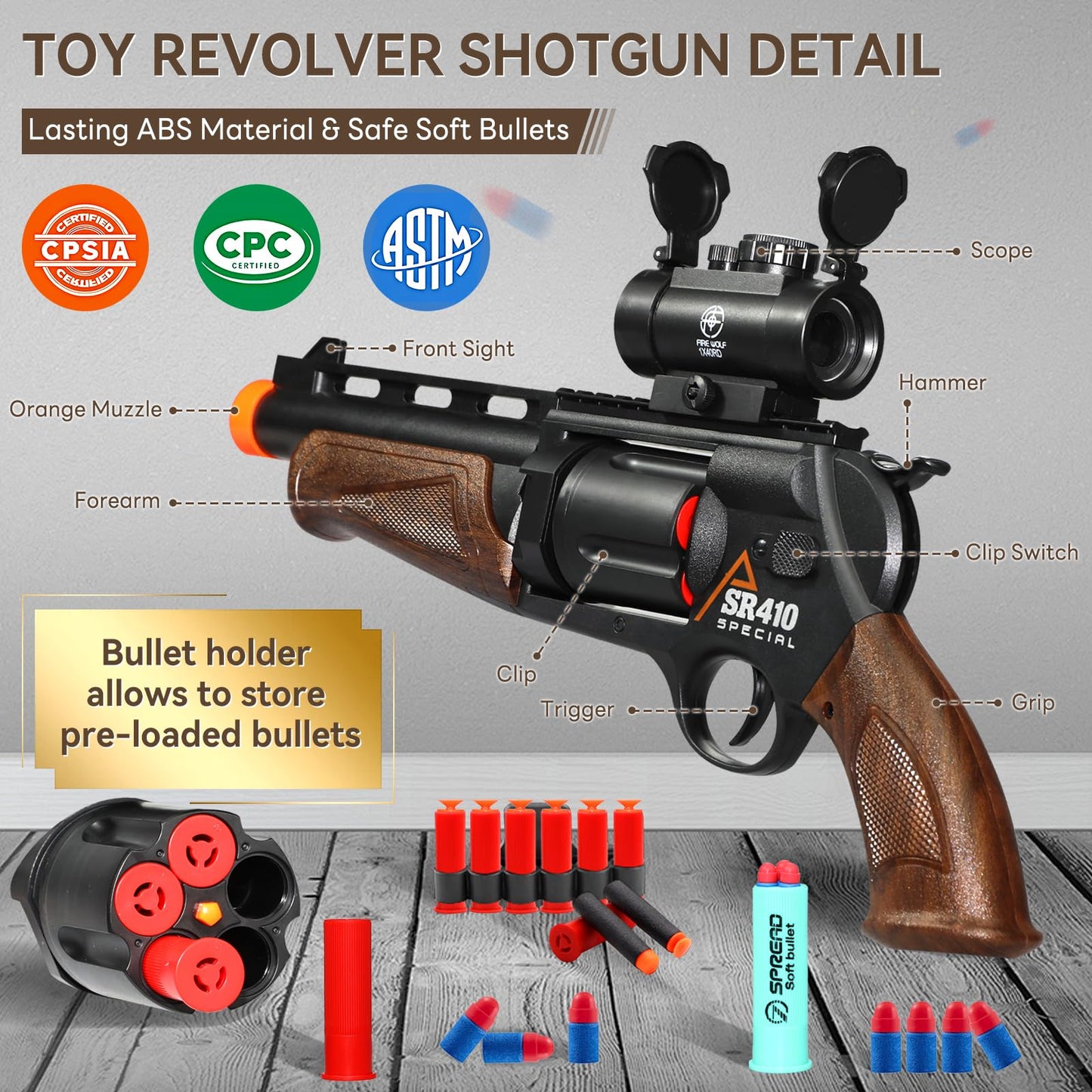 Pakimio Large Revolver Toy Gun with Scope, 50 Soft Bullets & 14 Shells – Educational Outdoor Shooting Toy