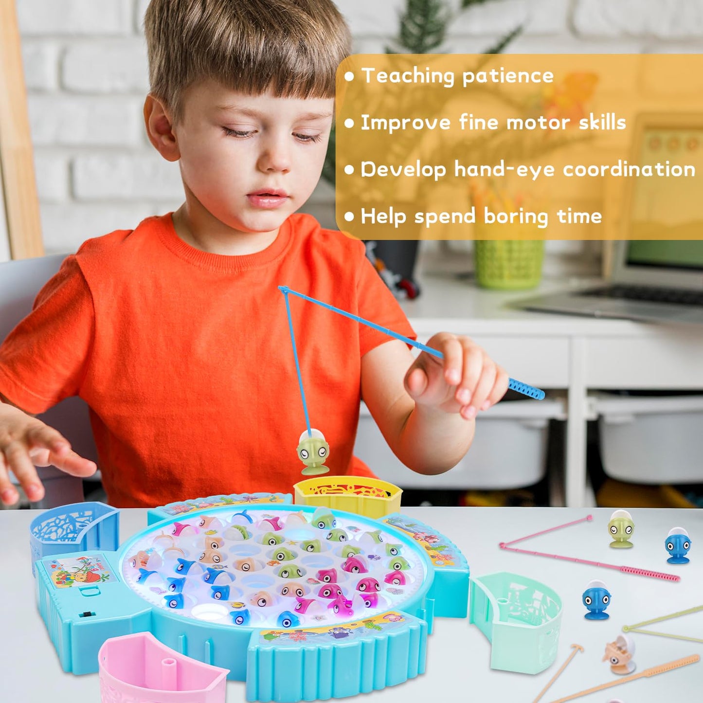 Pakoo Light Up Fishing Game – LED Rotating Board with 45 Fish and 8 Poles