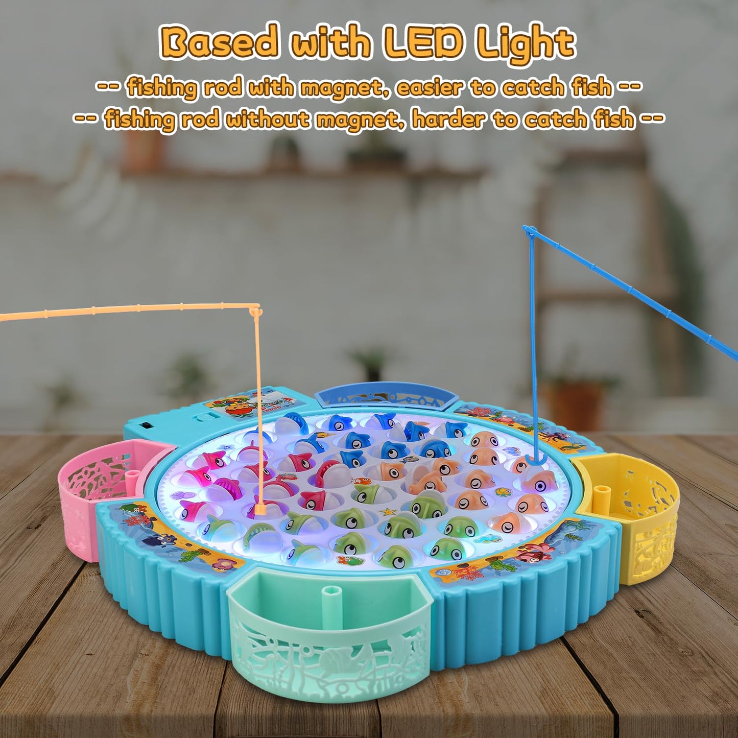 Pakoo Light Up Fishing Game – LED Rotating Board with 45 Fish and 8 Poles