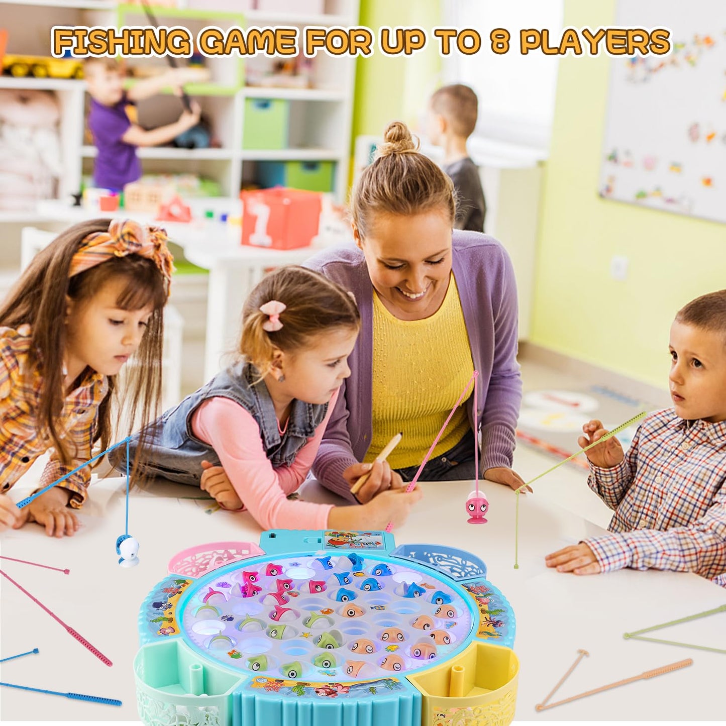 Pakoo Light Up Fishing Game – LED Rotating Board with 45 Fish and 8 Poles