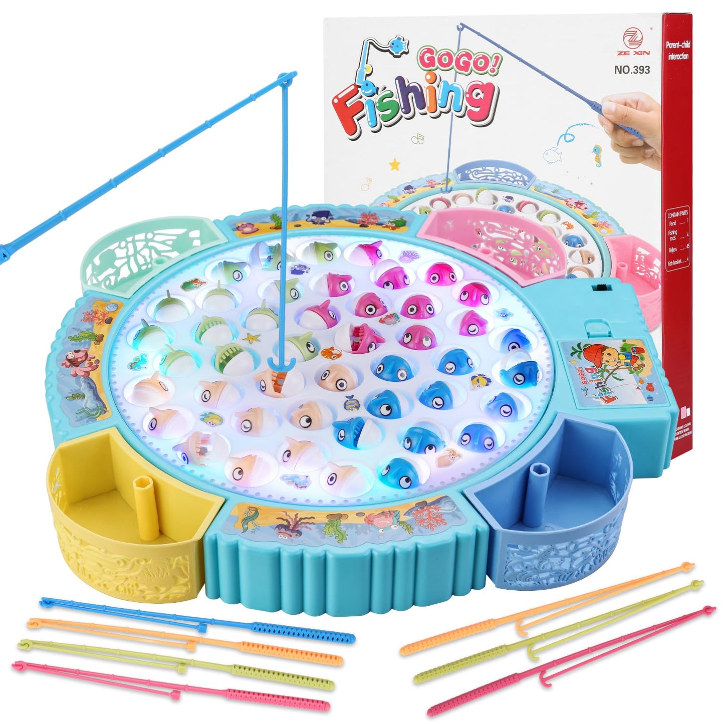 Pakoo Light Up Fishing Game – LED Rotating Board with 45 Fish and 8 Poles
