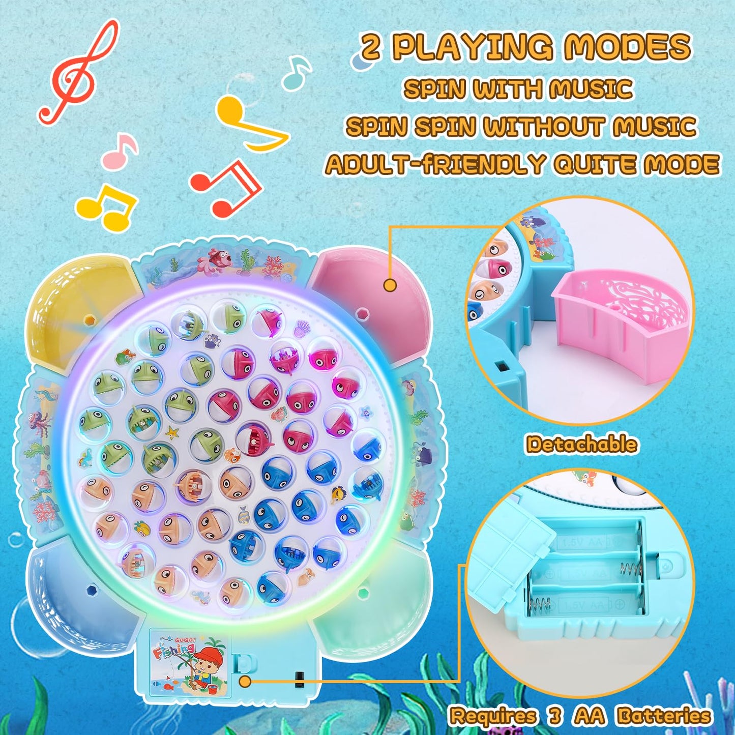 Pakoo Light Up Fishing Game – LED Rotating Board with 45 Fish and 8 Poles