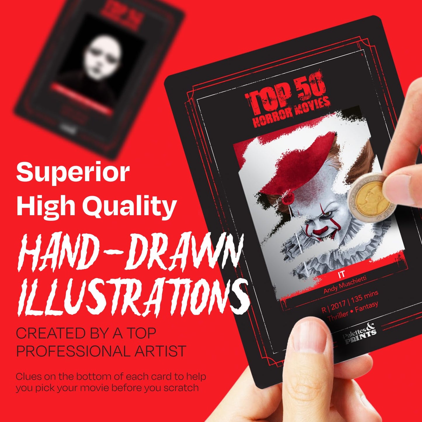 Palettes and Prints Premium Top 50 Horror Movies Scratch-Off Cards – Movie Night Gifts