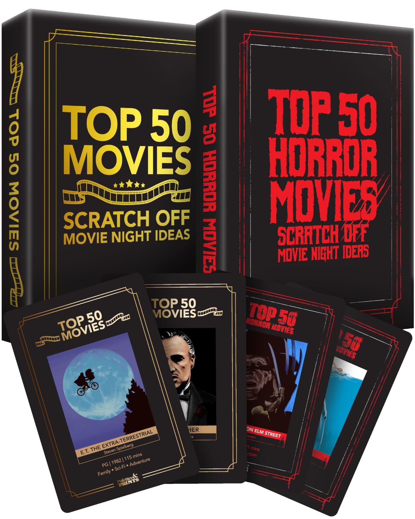 Palettes and Prints Fan Bundle: Top 50 & 50 Horror Movie Scratch Off Decks – Complete Movie Night Challenge