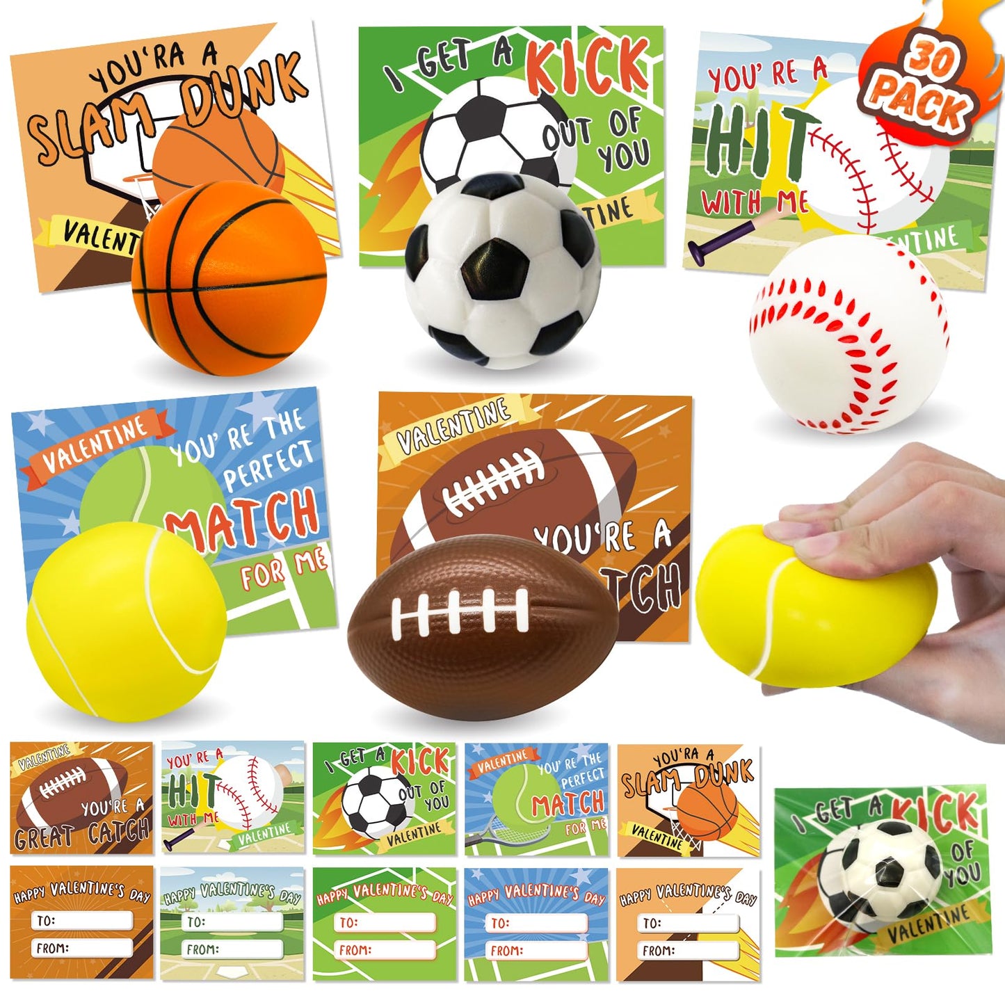 PaLeyFer 30-Pack Sports Stress Balls - Valentines Gifts for Kids, Classroom Exchange & Party Favors