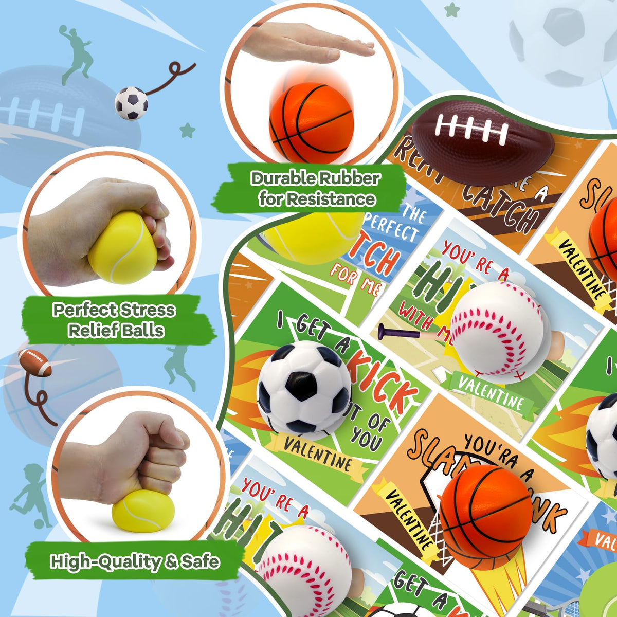 PaLeyFer 30-Pack Sports Stress Balls - Valentines Gifts for Kids, Classroom Exchange & Party Favors