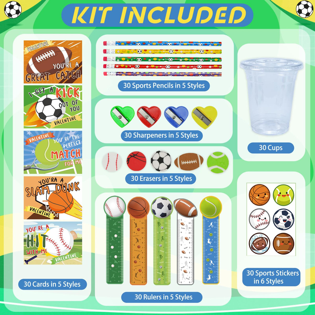 PaLeyFer 210+ Piece Sports Stationery Gift Set – 30 Pack Valentine Classroom Favors