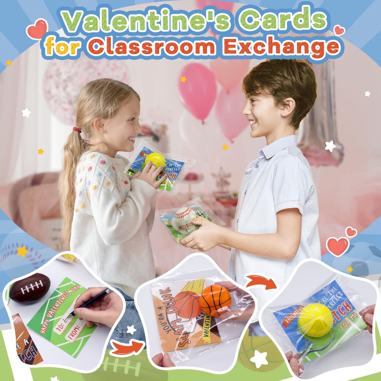PaLeyFer 30-Pack Sports Stress Balls - Valentines Gifts for Kids, Classroom Exchange & Party Favors