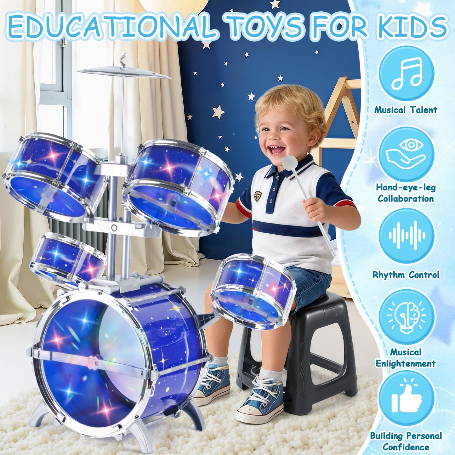 PaLeyFer Upgraded Kids Drum Set with Lights for Toddlers – Beginner Musical Toy
