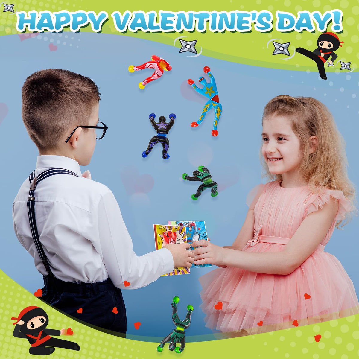 PaLeyFer 32Pack Sticky Wall Climbing Ninjas – Valentine Cards & Classroom Prizes