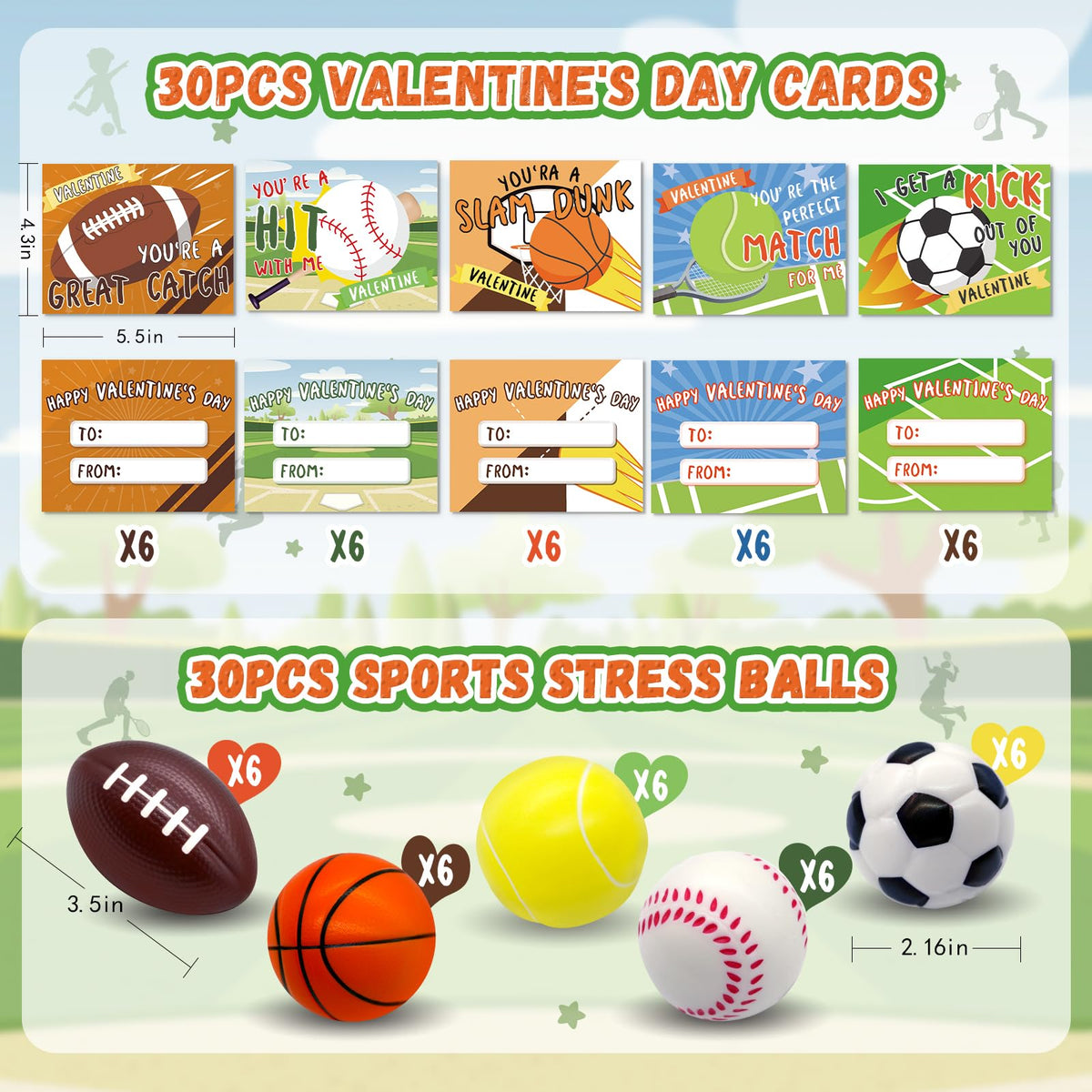 PaLeyFer 30-Pack Sports Stress Balls - Valentines Gifts for Kids, Classroom Exchange & Party Favors