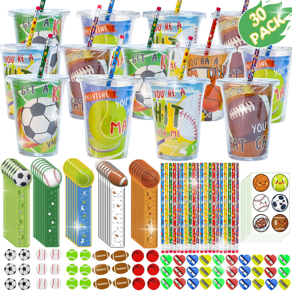 PaLeyFer 210+ Piece Sports Stationery Gift Set – 30 Pack Valentine Classroom Favors