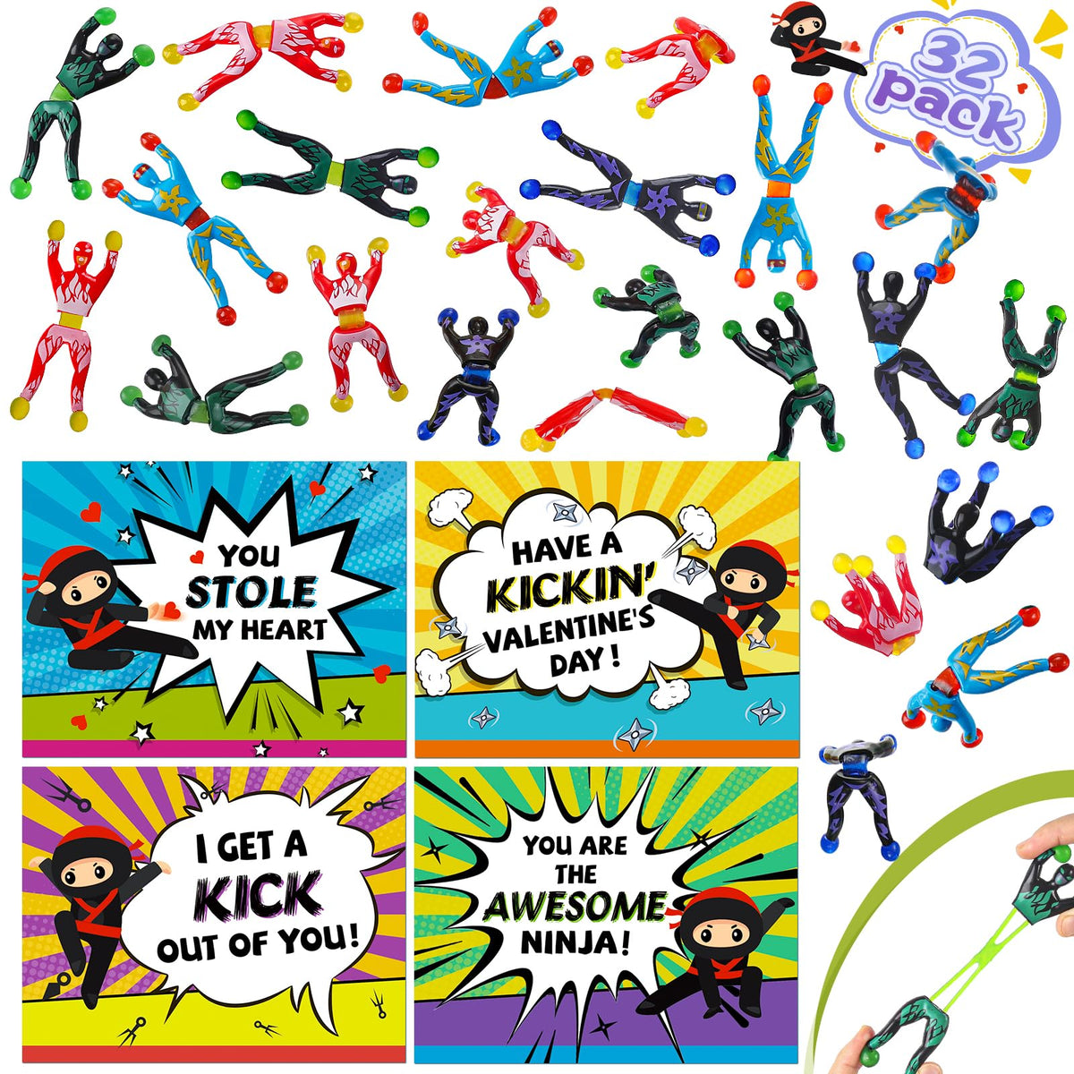 PaLeyFer 32Pack Sticky Wall Climbing Ninjas – Valentine Cards & Classroom Prizes
