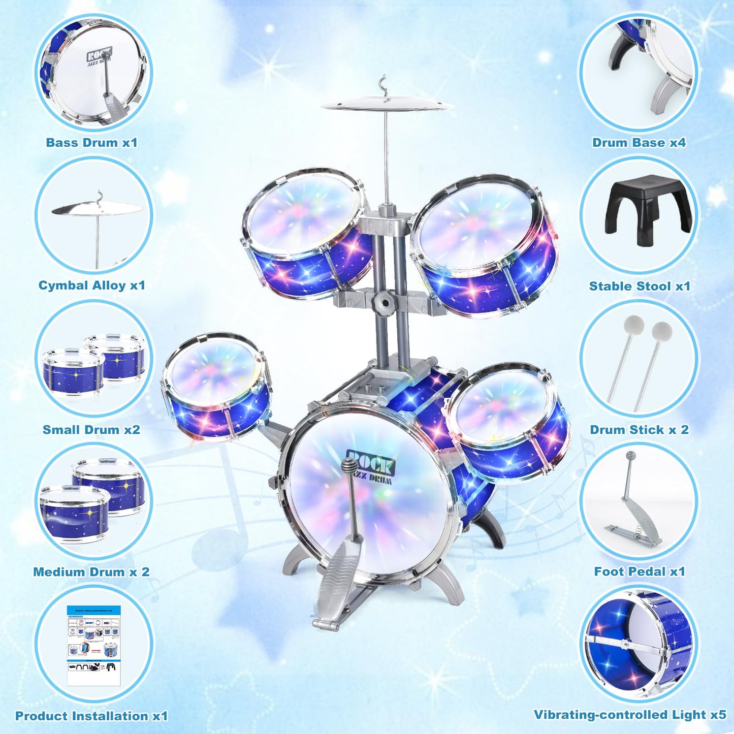 PaLeyFer Upgraded Kids Drum Set with Lights for Toddlers – Beginner Musical Toy