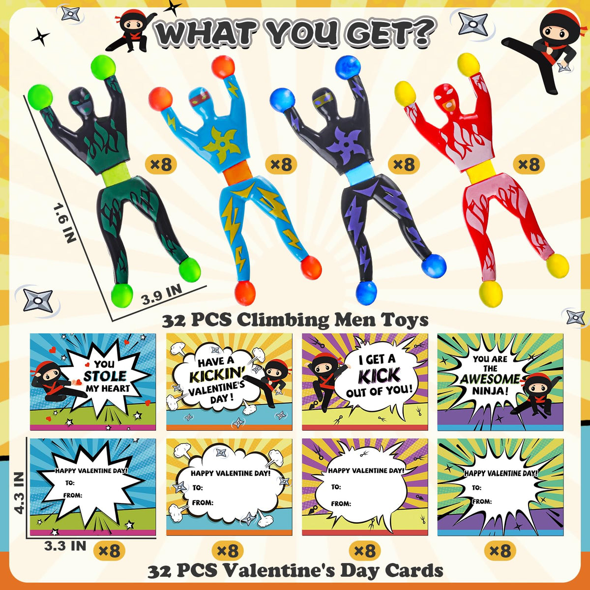 PaLeyFer 32Pack Sticky Wall Climbing Ninjas – Valentine Cards & Classroom Prizes