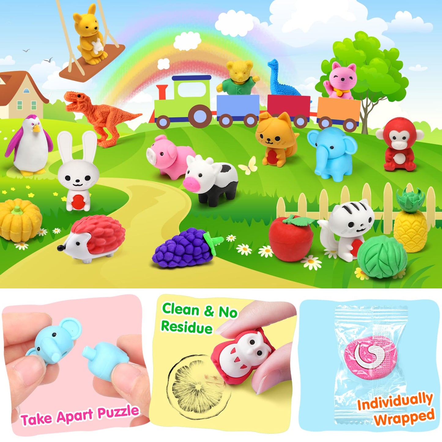 Palmatte 40PCS Mini Animal Erasers – Classroom Prizes & Party Favors
