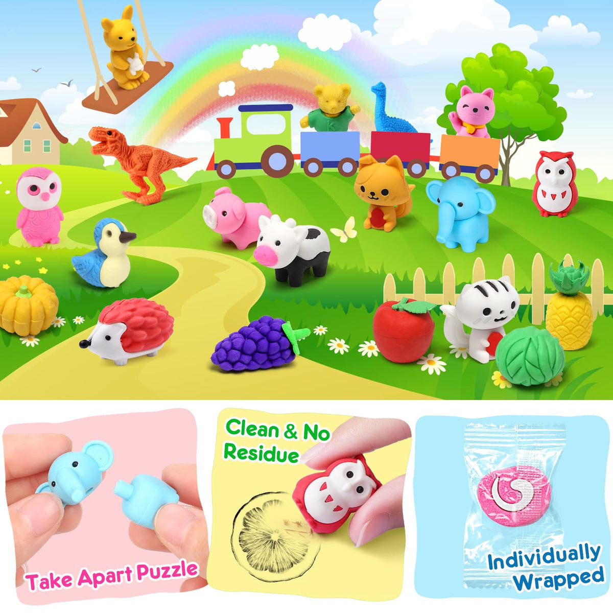 Palmatte 80PCS Mini Animal Erasers – 3D Puzzle Take-Apart Desk Toys for Classroom Prizes