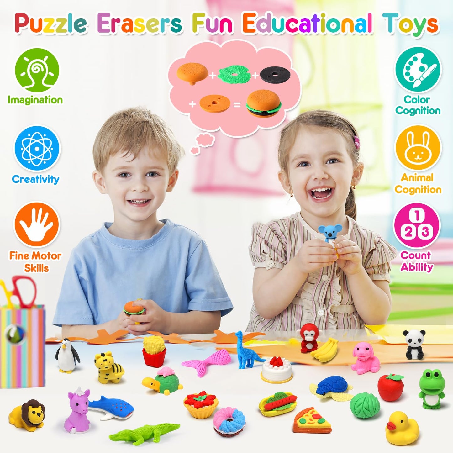 Palmatte 80PCS Mini Animal Erasers – 3D Puzzle Take-Apart Desk Toys for Classroom Prizes