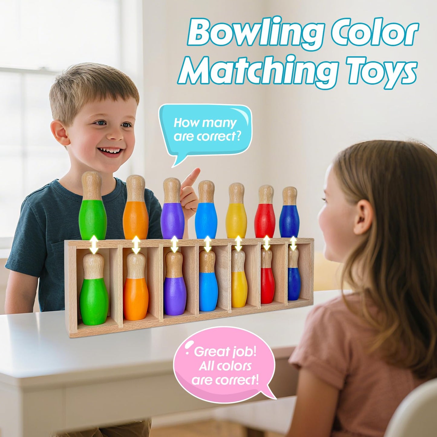 Pamexin Family Games for Kids | Wooden Bowling Color Match with 7 Pins & Storage Bag