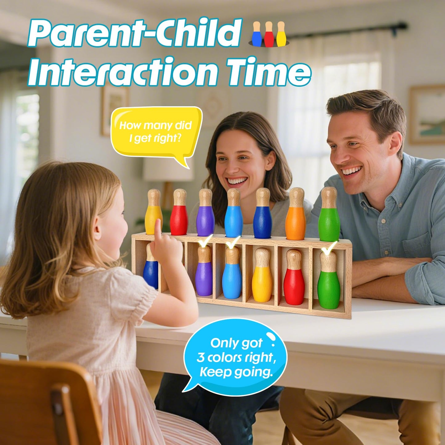 Pamexin Family Games for Kids | Wooden Bowling Color Match with 7 Pins & Storage Bag