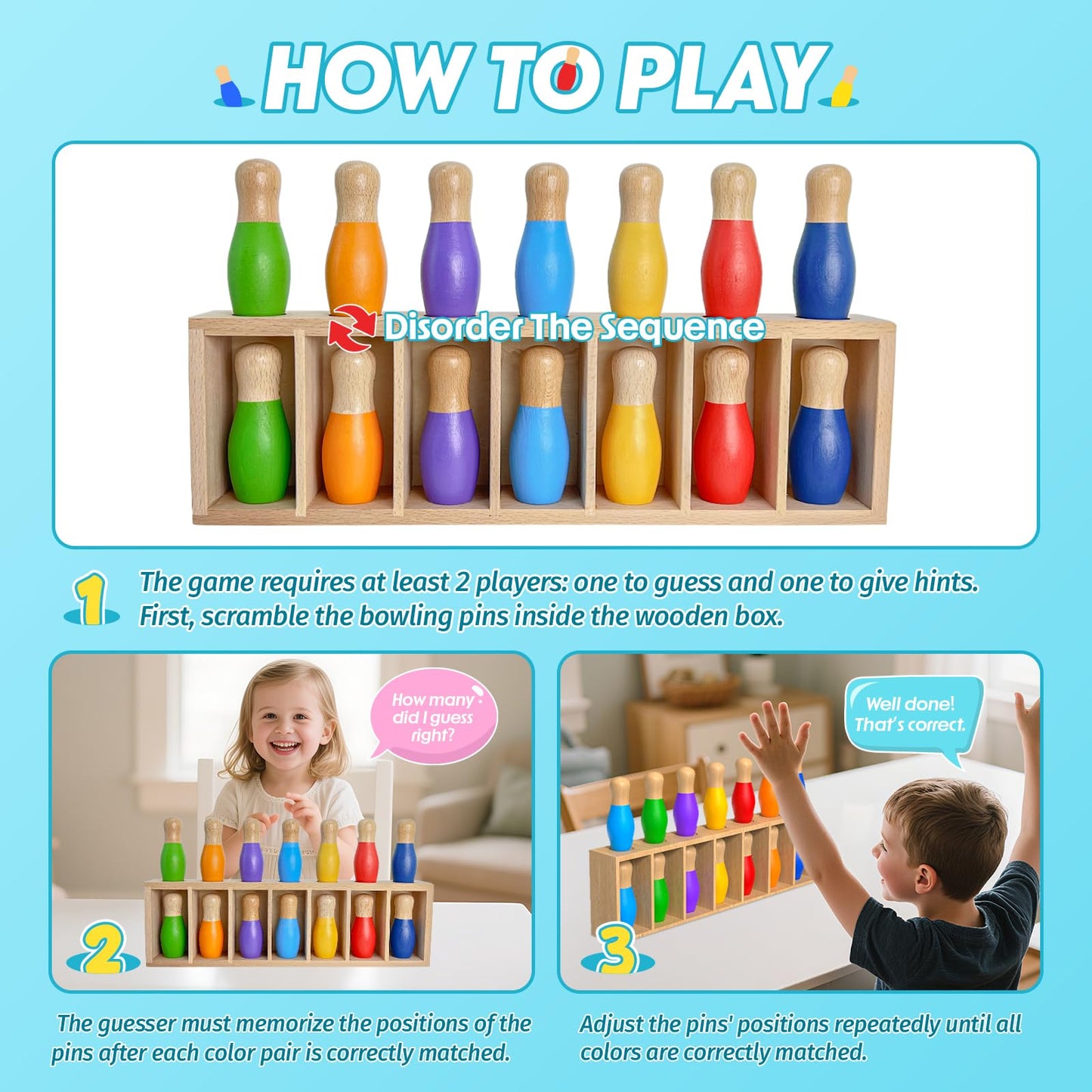 Pamexin Family Games for Kids | Wooden Bowling Color Match with 7 Pins & Storage Bag