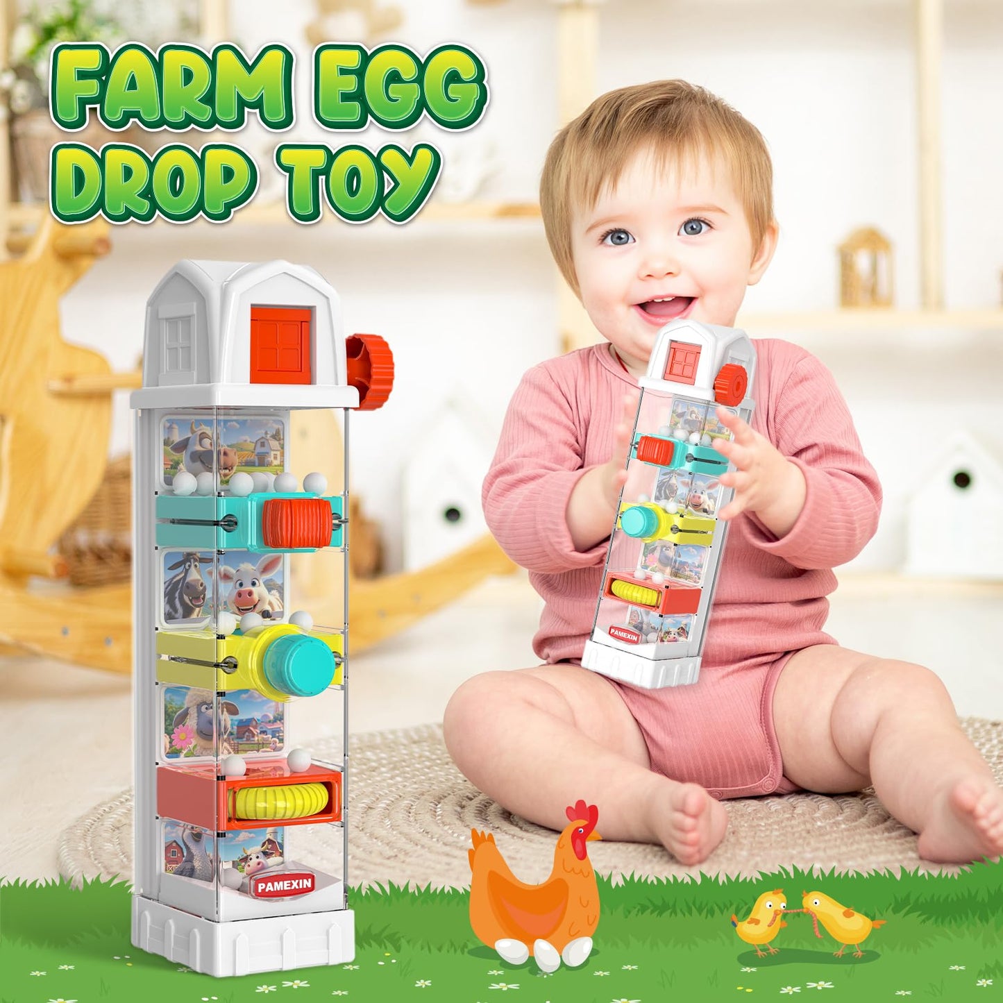 Pamexin Montessori Farm Egg Drop Toy – 5 Activity Centers for Kids 2+ | Educational Sensory Toy