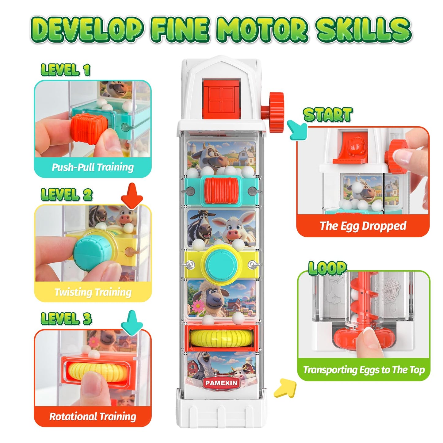 Pamexin Montessori Farm Egg Drop Toy – 5 Activity Centers for Kids 2+ | Educational Sensory Toy