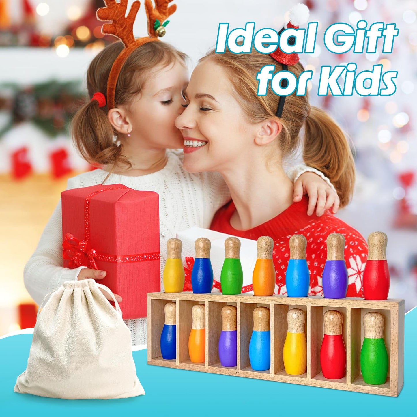 Pamexin Family Games for Kids | Wooden Bowling Color Match with 7 Pins & Storage Bag