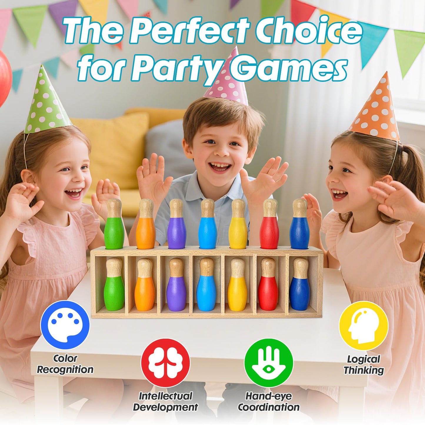 Pamexin Family Games for Kids | Wooden Bowling Color Match with 7 Pins & Storage Bag